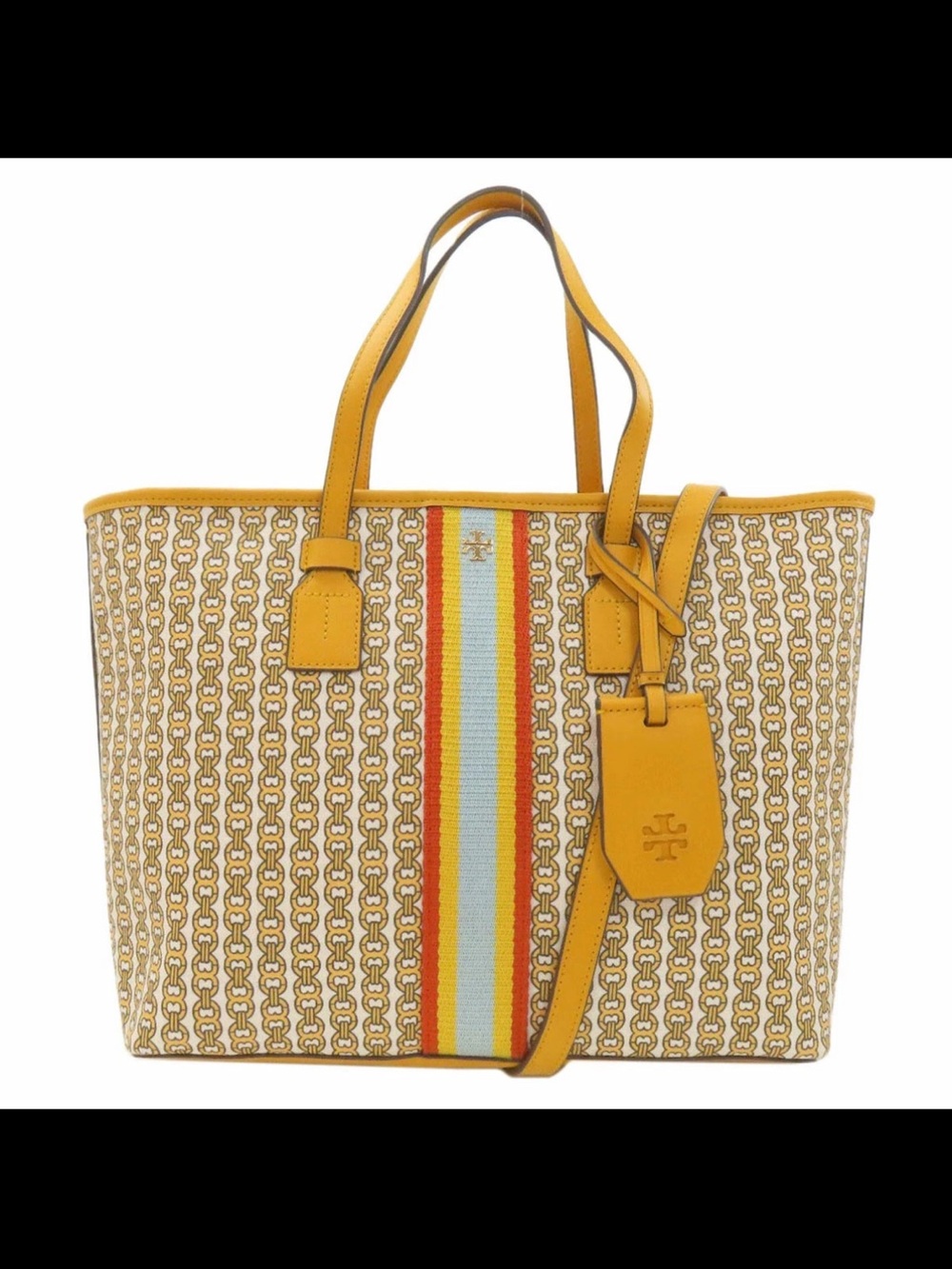 Tory Burch Yellow Chain-Print Tote Gemini with Multicolor Center Stripe